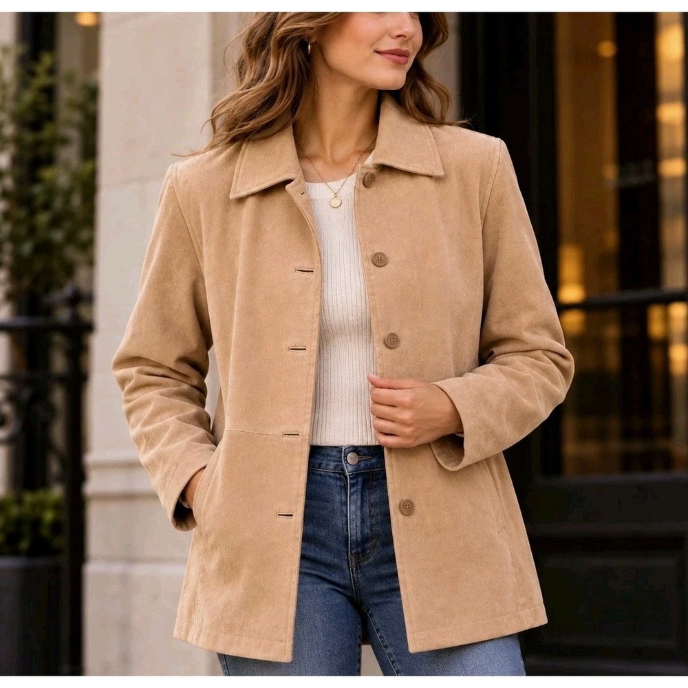 Bernardo Women's Genuine Leather Suede Jacket Tan Button Front Coat Size 8